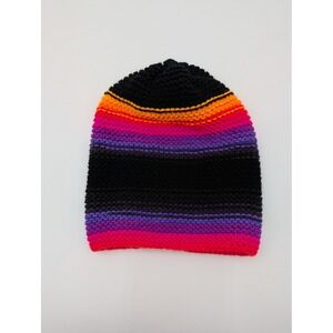 Handmade Striped Knit Beanie Hat Women's Multi Color Black Orange Pink‎ Purple